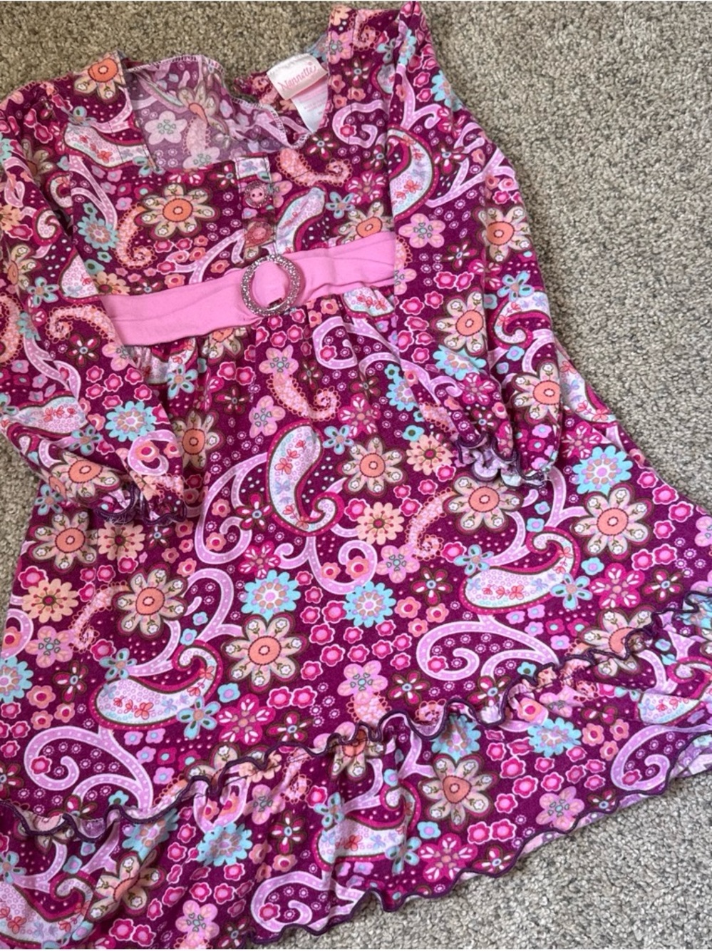 Girls' Pink Paisley Floral Nightdress with Belt